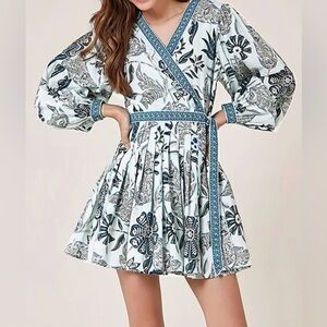 100% Cotton Omika Blue Floral Peplum Sleeve Wrap Dress
